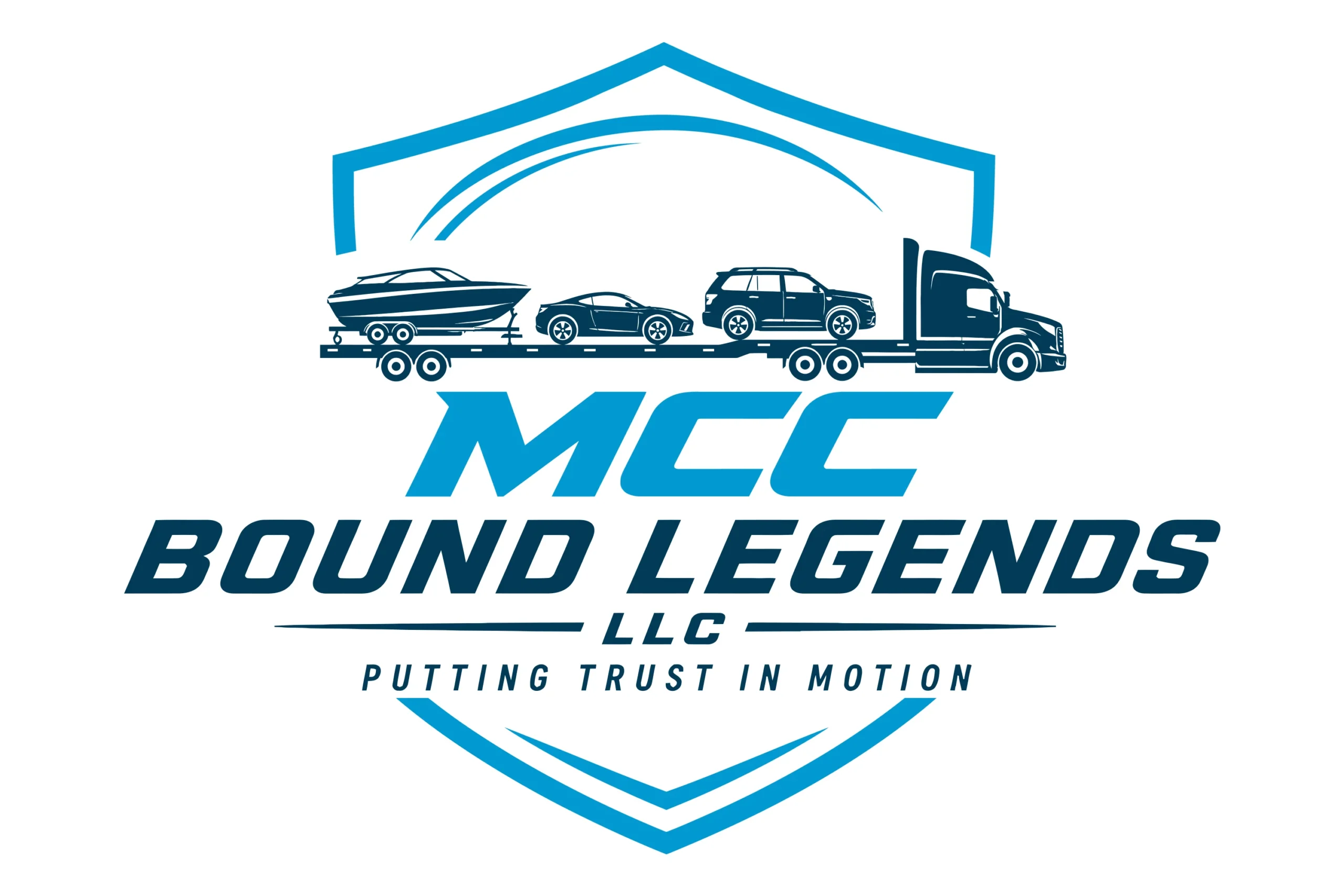 MCC Bound Legends LLC logo with truck hauling boat and cars